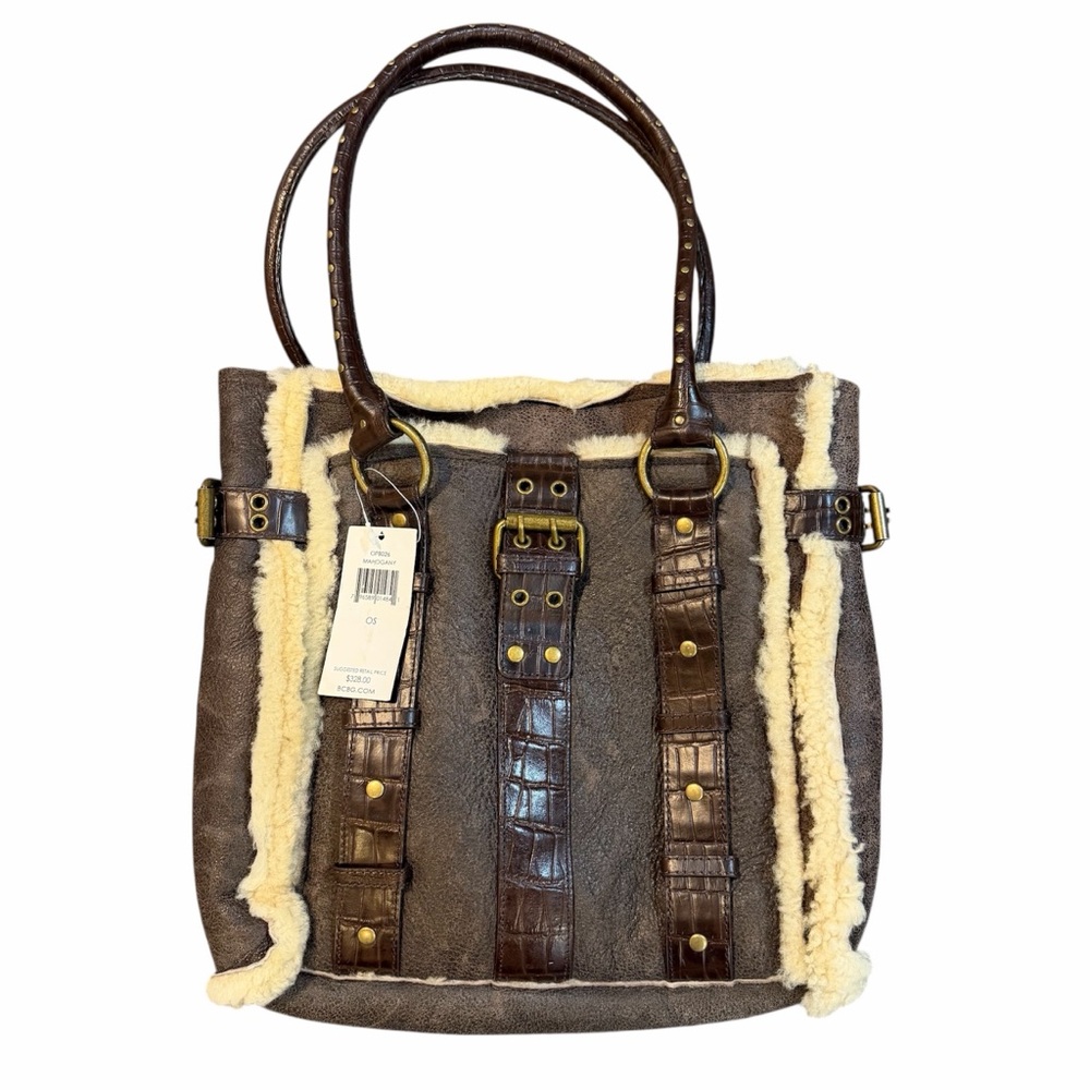 NEW WITH TAGS BCBGMAXAZRIA Leather Faux Shearling Tote Bag Mahogany